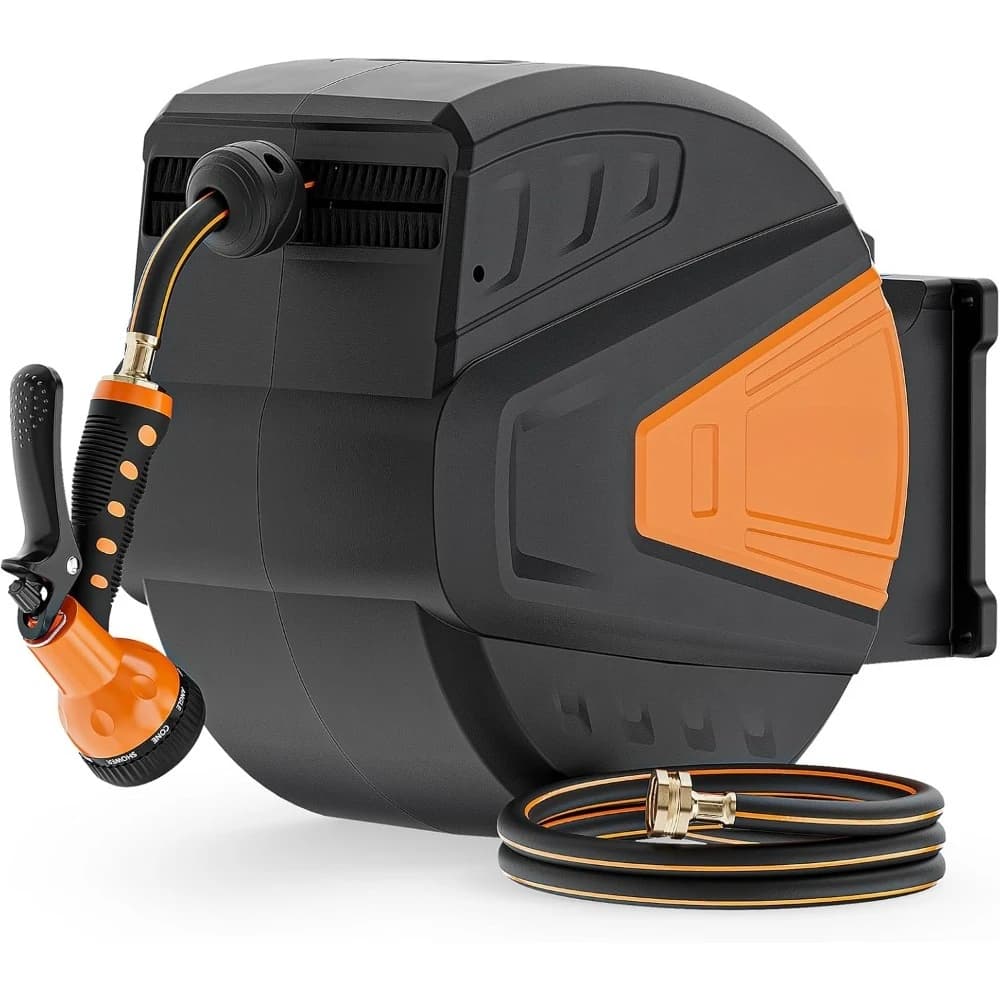 Retractable Garden Wrap with U.S. Shipping, 5/8 Inches x 100 Feet, Wall Mounting with 9 Functions Spray Ugello, Lock to Any Length, Lento Wrap