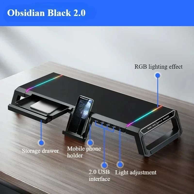 Kurebingzun T1 Monitor Stand Foldable Desktop Riser with Drawer Phone Holder RGB Light 4 USB Port Ergonomic Desk Organizer