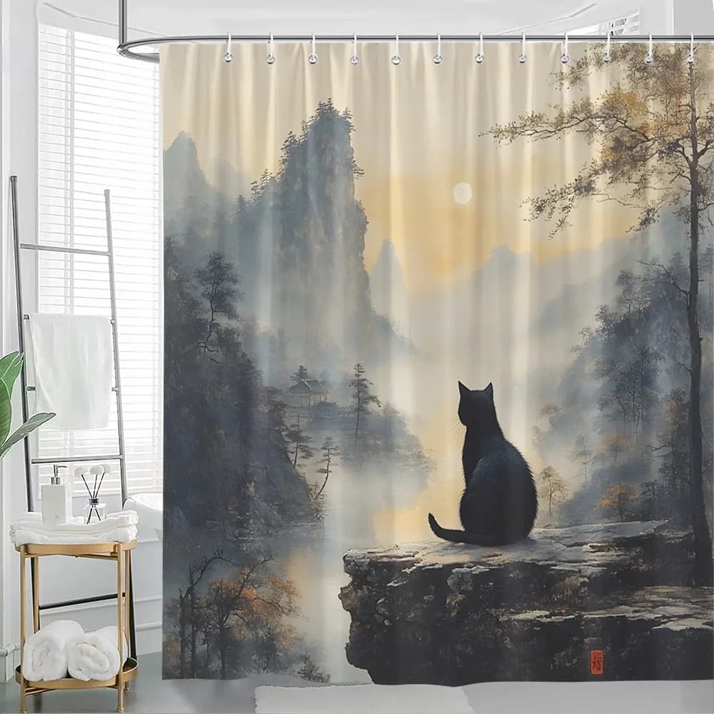 1pc Eereo Gatto Nero Rocky Cliff Misty Mountain Alba Tranquil Lake Autunno Alberi Morbidi Silenziati Tavolozza Paceful Scena Naturale
