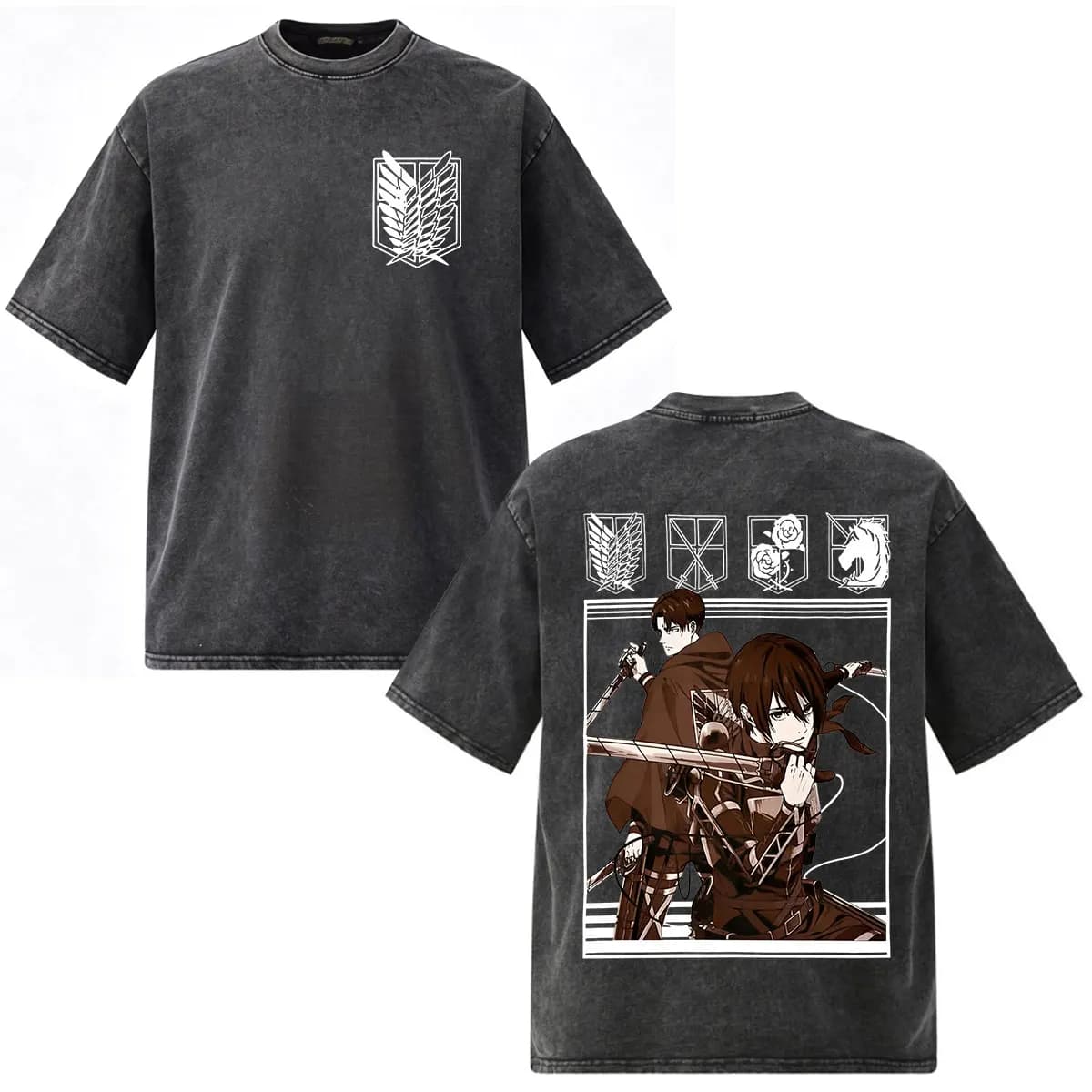 Vintage Washed Anime Attack on Titan T-shirt Mikasa Ackerman Eren Jaeger T Shirt Men Women Summer Cotton Casual Loose T-shirts