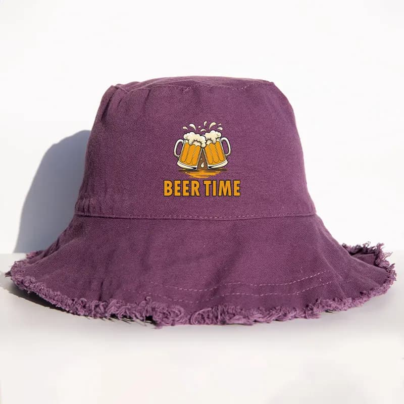 BEER TIME Cappello da pescatore con tesa sfilacciata Cappello da sole estivo in cotone con stampa di tazze da birra divertente Chapeau Bob per uomo donna