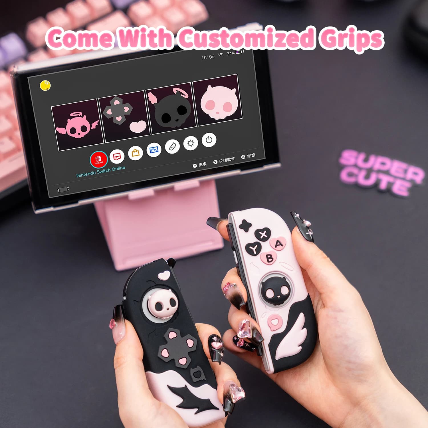 GeekShare Custodia protettiva in silicone con teschio rosa e cover JoyCon per Nintendo Switch/OLED viene fornita con 1 paio di impugnature per pollice personalizzate