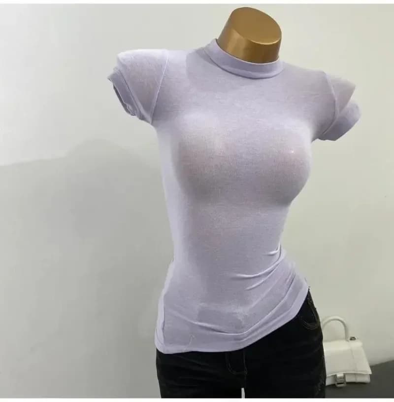 T-Shirt con collo mezzo alto coreano trasparente a maniche corte Slim-fit elastico solido fondo interno camicia Sexy t-Shirt grande petto