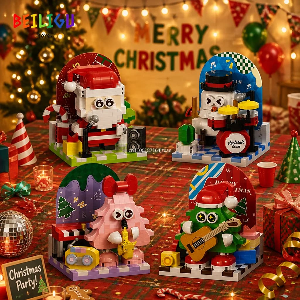 BEILIGU Christmas Party Band Santa Claus Snowman Cute Tree Mini Building Blocks Guitar Saxophone Drum Mirco Bricks Xmas Gift Toy
