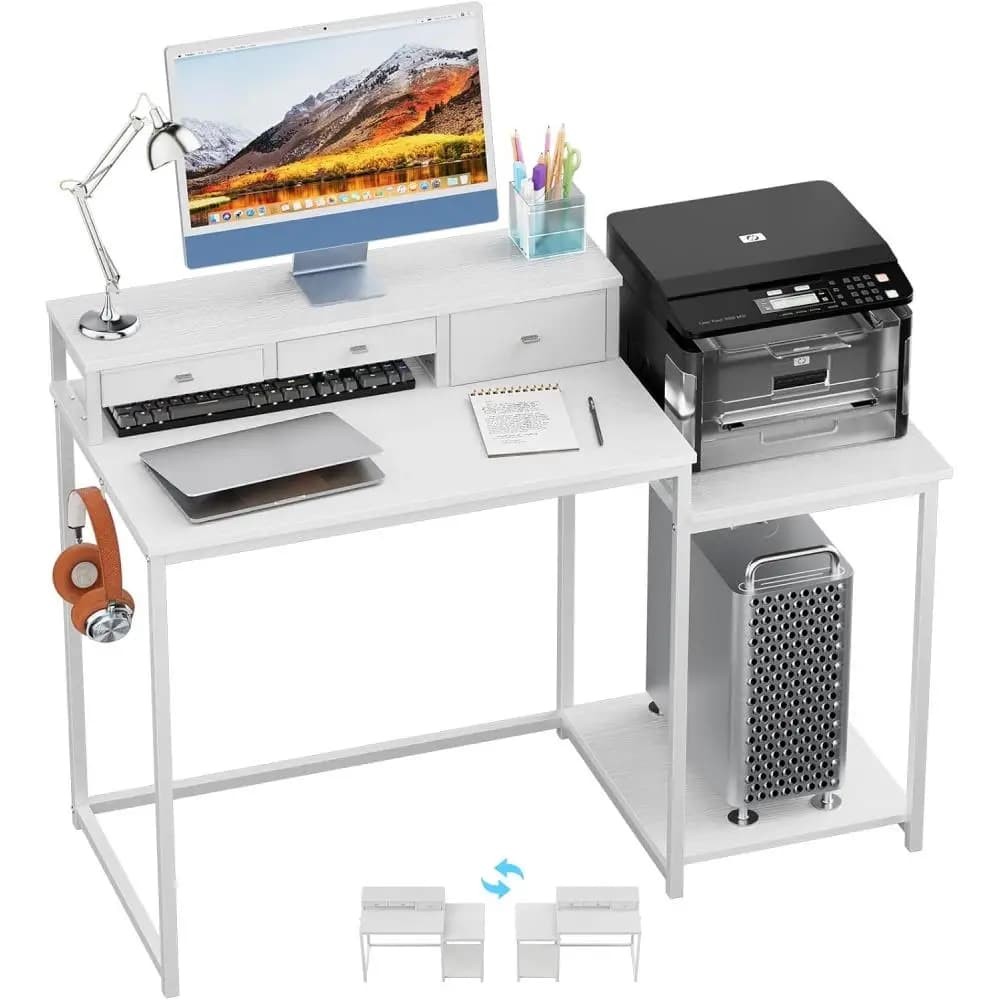 Scrivania per computer da 47 pollici con ripiano per stampante, scrivania da gaming con supporto per monitor e cassetti, scrivania reversibile per ufficio domestico con S