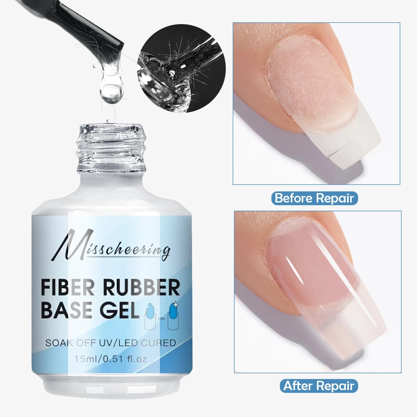 15ml Fiber Rubber Base Gel - Quick-Dry UV/LED Compatible Clear Construction Gel for Broken Nail Repair with Soak-Off Varnish