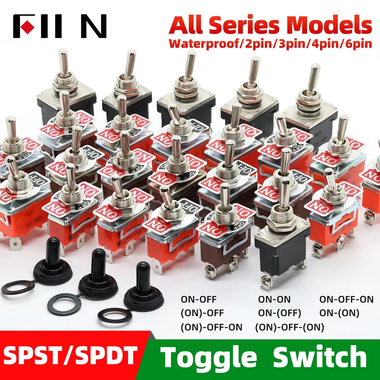 FILN 15A 250V Interruttori a levetta Interruttore a levetta in miniatura On Off Elettronica SPST SPDT DPDT Power Rocker Tappo impermeabile