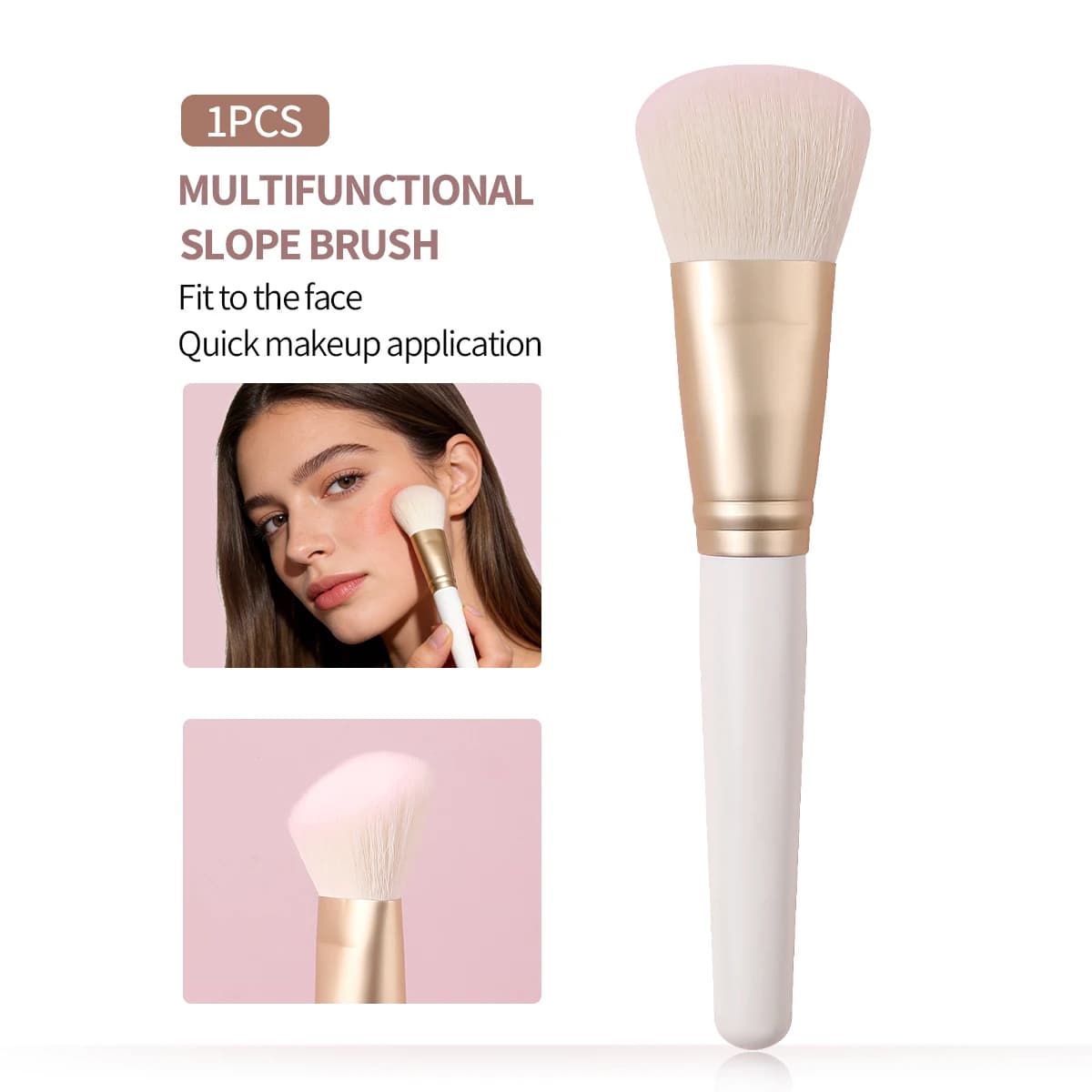 1 pennello per trucco multifunzionale, pennello per fard con setole morbide e soffici, manico ergonomico in legno bianco e oro