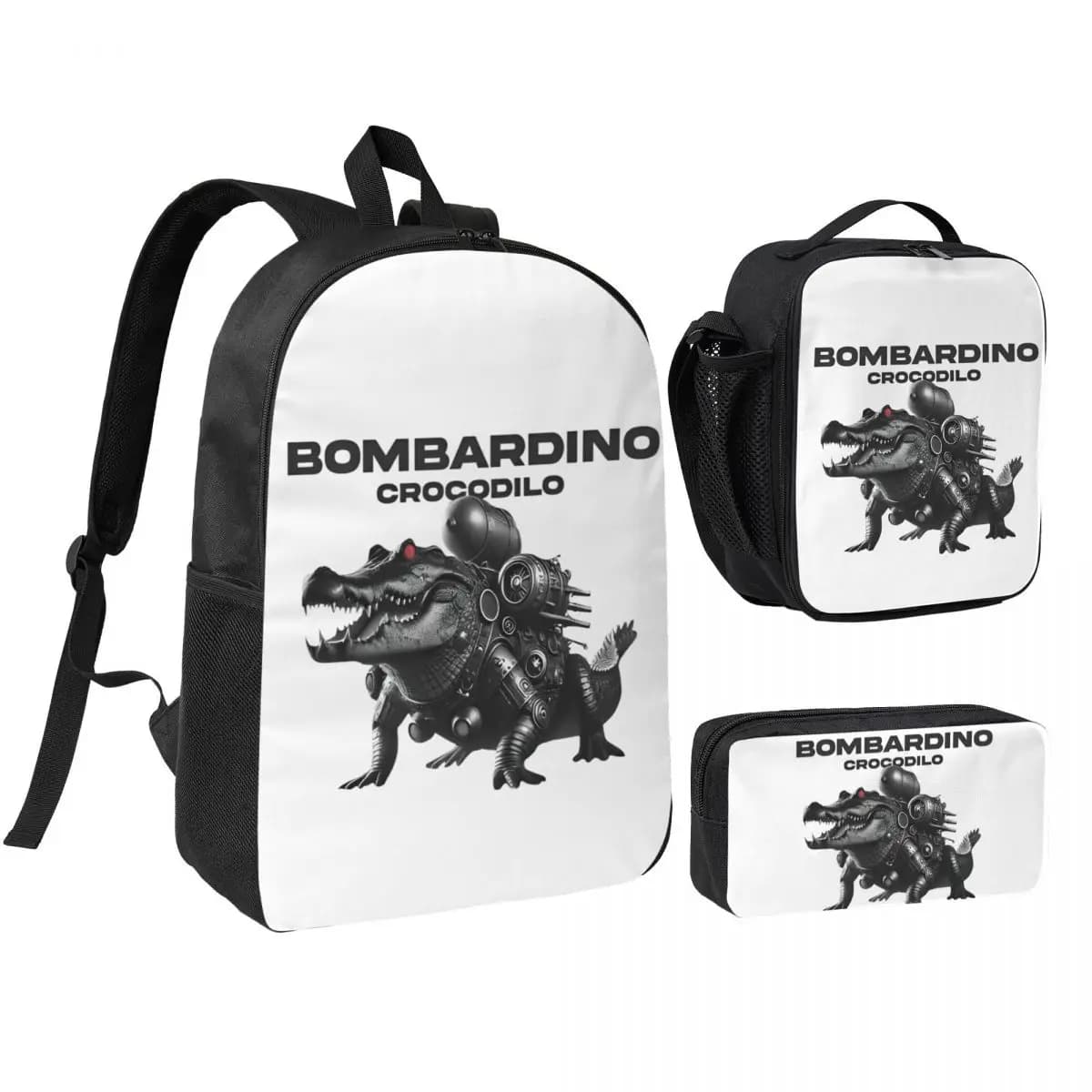 Meme italiano Bombardiro Crocodilo 3pecs/set Zaino per studente Brainrot College Borse di tela Borsa per il pranzo Astuccio