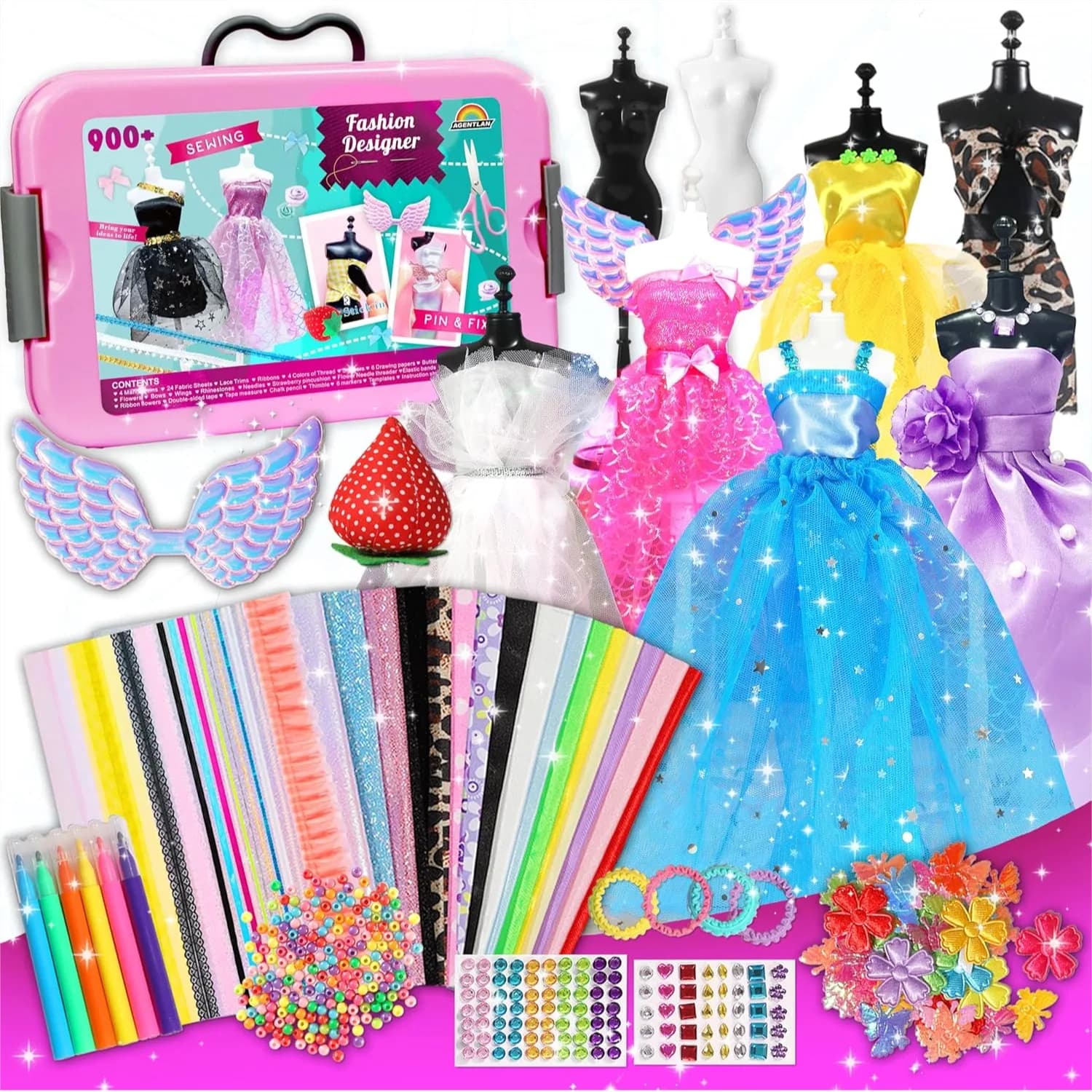 Kit da Sarta per Bambine con 4 Manichini, Set da Cucito per Bambini con Oltre 500 Pezzi, Arti e Mestieri per Bambini dai 6 ai 12 Anni, Vestiti Creativi