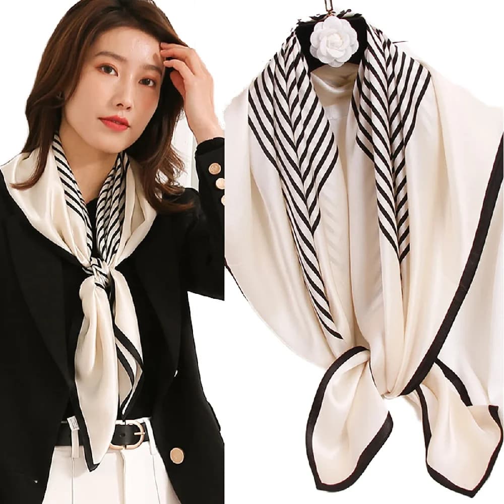 Sciarpa Vintage 100% seta donna scialle quadrato grande scialle per capelli motivo a strisce bianco nero 90CM
