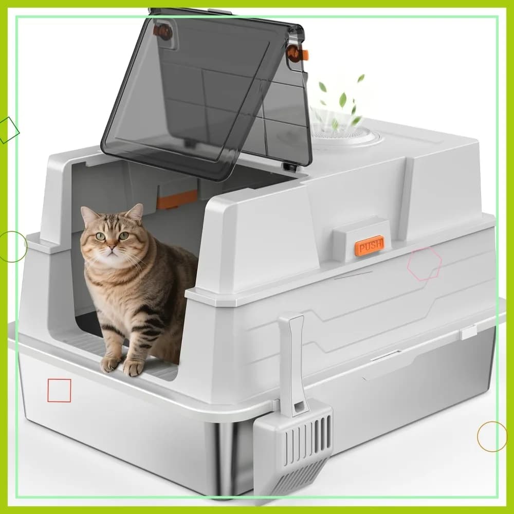 Lettiera per Gatti Extra Large in Acciaio Inossidabile con Coperchio - Lati Alti XXXL per Gatti Multipli e Gatti in Sovrappeso