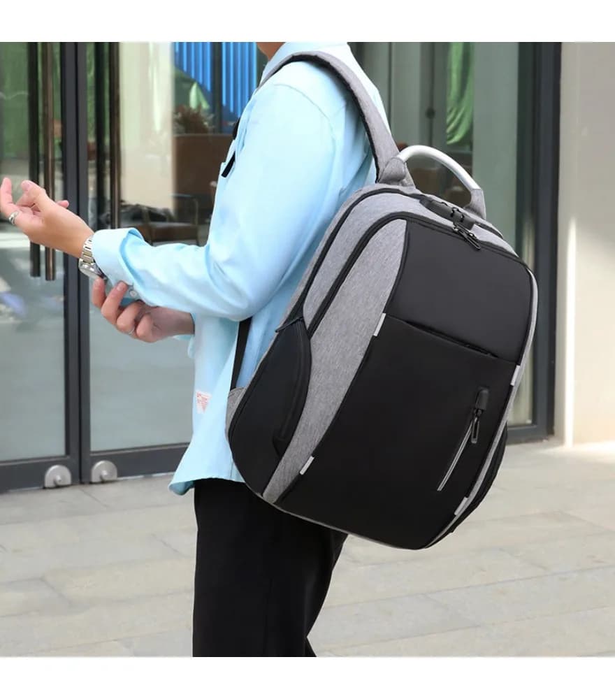 Black anti theft backpack with metal top handle anti splash reflective trim side USB for business daily casual use