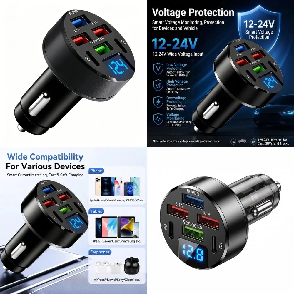 Multi Port 100W 6 in 1 Car Charger with LED Digital Voltage Display QC3.0 PD SCP USB Fast Charge for iPhone Samsung Tablet