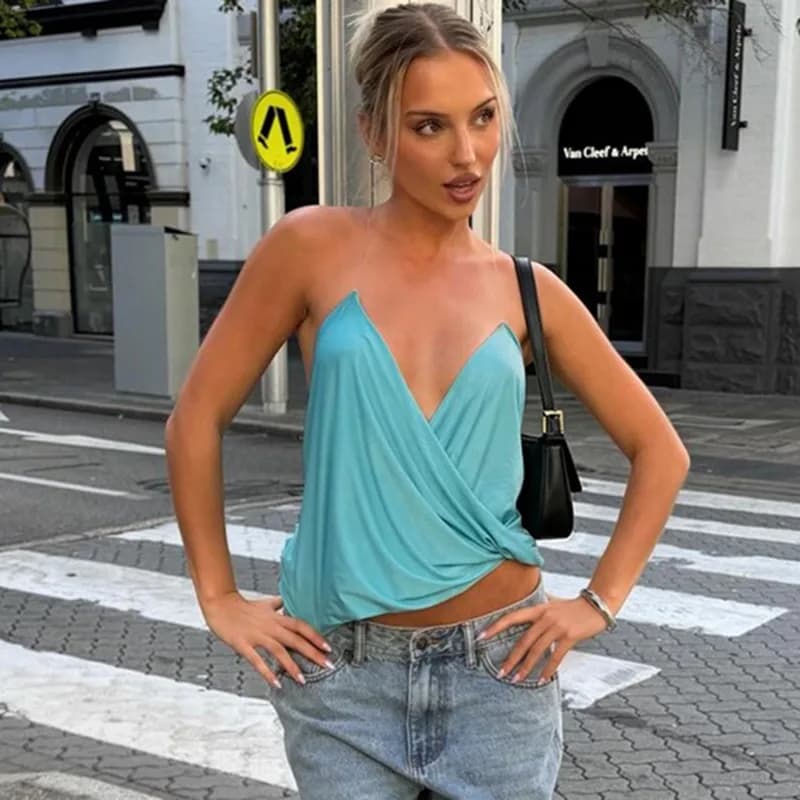 Tuularose Nuova T-shirt Estiva Sexy da Donna, Canotta Senza Maniche con Schiena Scoperta e Dettagli Plissettati, Top da Festa per Ragazze