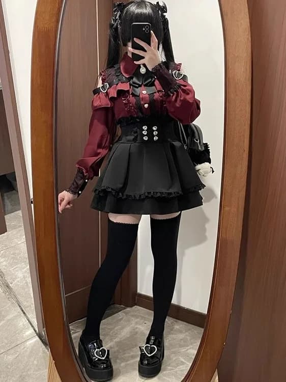 Completo Abito da Damigella a Vita Alta con Spalle in Pizzo, Stile Giapponese, Maniche Lunghe, per Ragazze, Abbigliamento Casual, Sweet Encounter