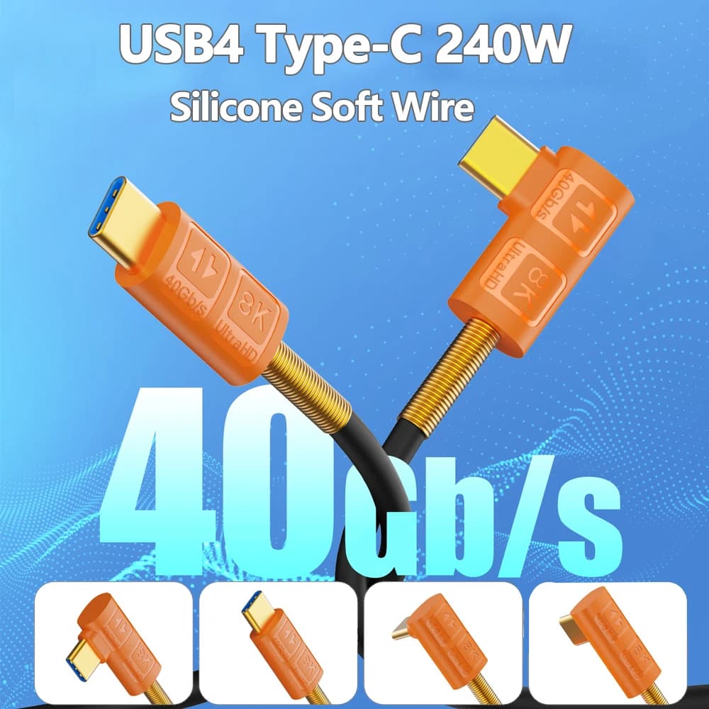 Cavo di Prolunga USB 4 Tipo-C a Tipo-C in Silicone Morbido a 90 Gradi con Thunderbolt PD 240W, Ricarica Rapida 40G, Uscita Video 8K