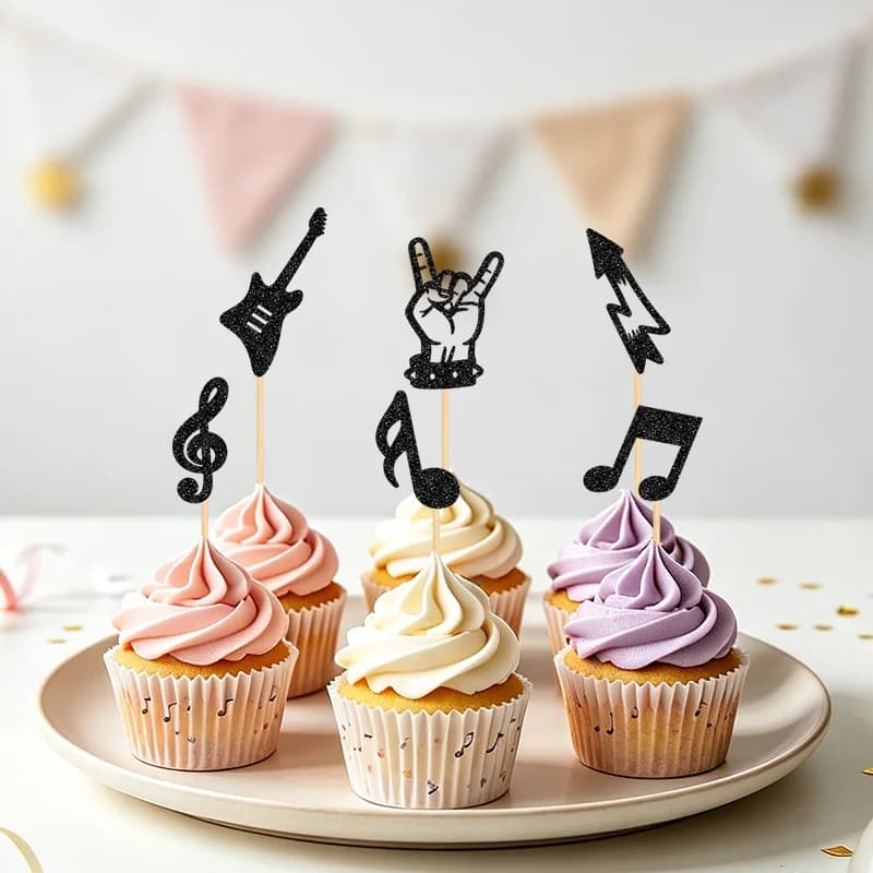 YOMDID 24Pcs Rock Roll Silhouette Cake Toppers Glitter Guitar Music Note Rock Hand Picks for Musician Cupcake Dessert Decoration
