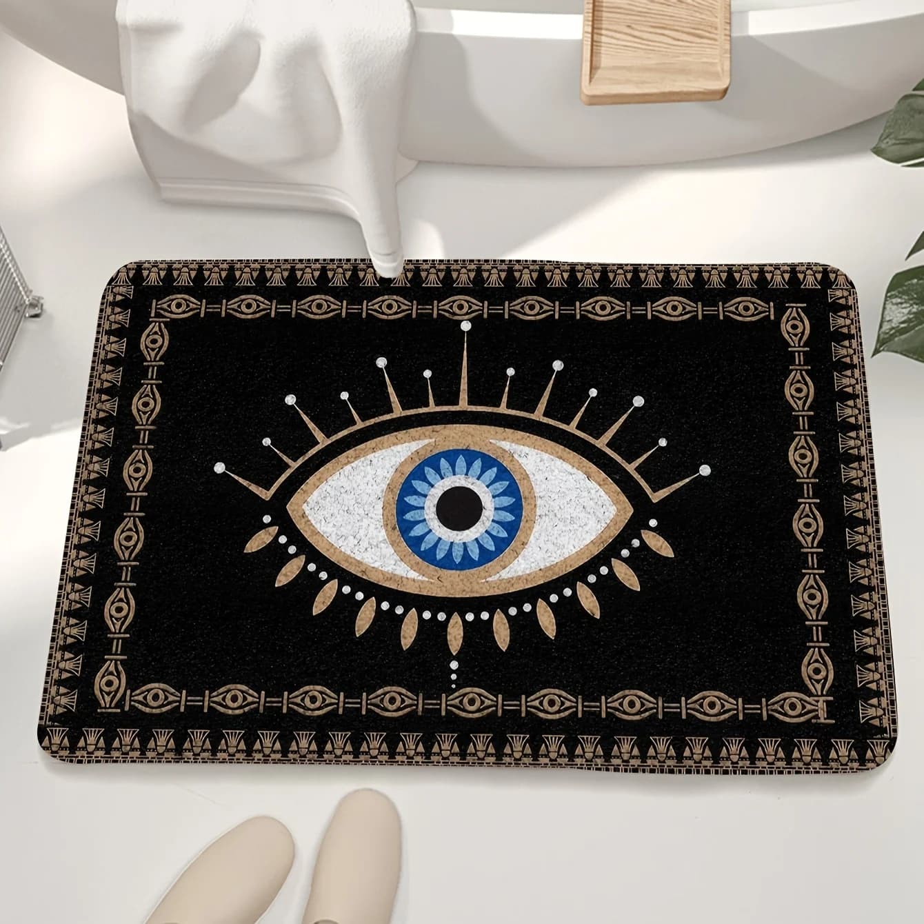 2D Flat Evil Eye Totem Geometric Pattern Flannel Bath Mat Non Slip Spiritual Boho Rug For Bathroom Yoga Studio Floor