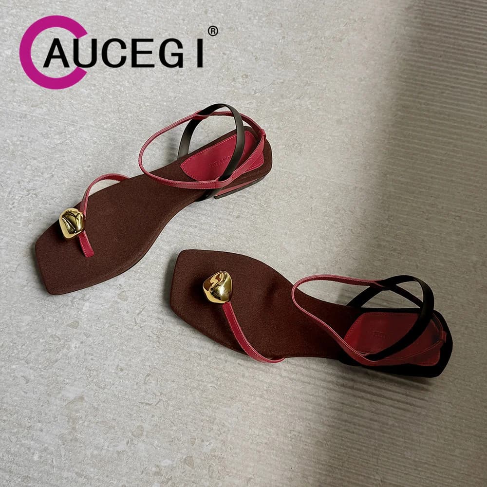 Aucegi Sandali Estivi da Donna in Vera Pelle, Comodi Tacchi Bassi, Slip-on con Punta Quadrata, Scarpe di Lusso per Cerimonie e Banchetti
