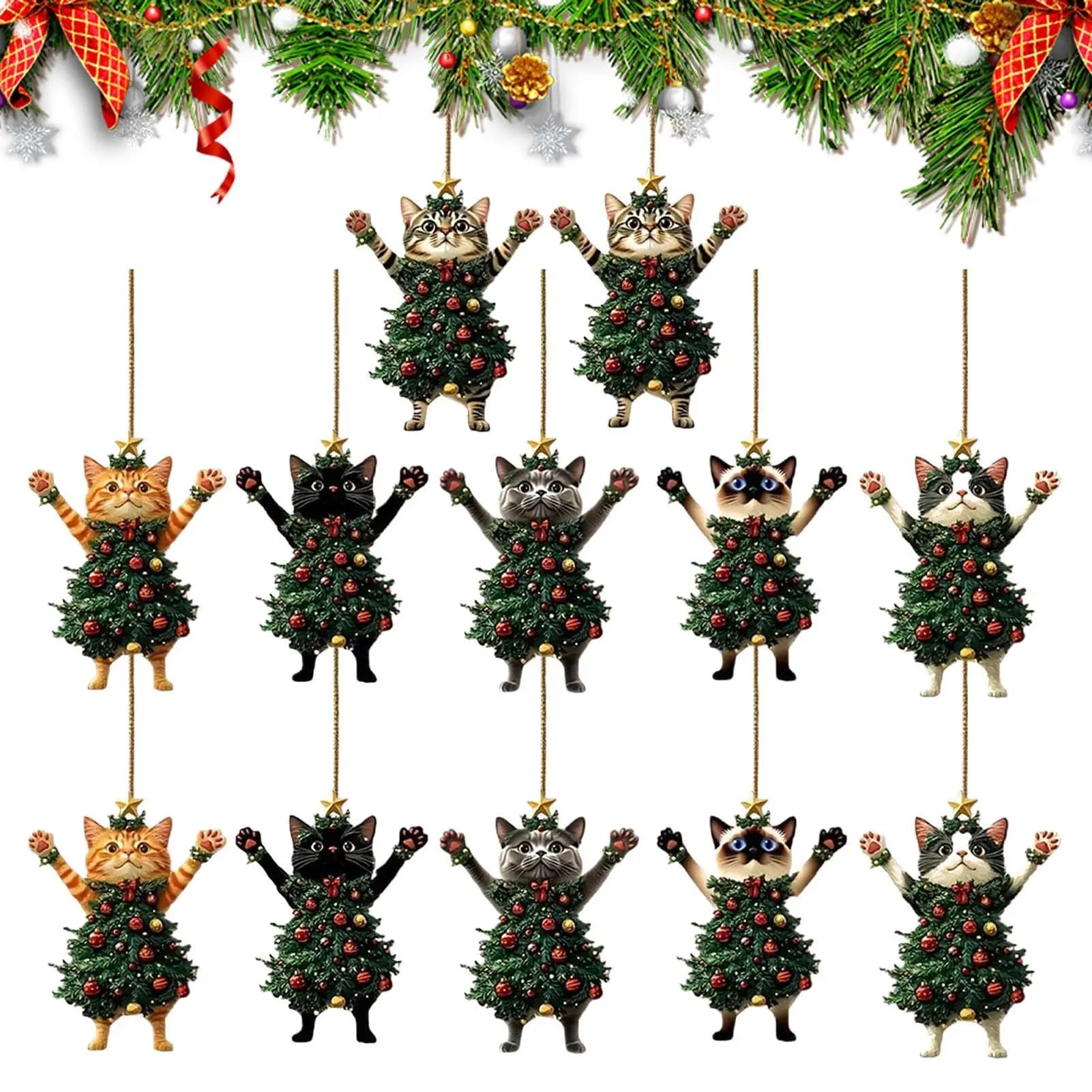 Christmas Tree Cat Ornament 2D Flat Keepsake Hangable Acrylic Figurine Pendants for Christmas Trees for Car Rearview Phone Case