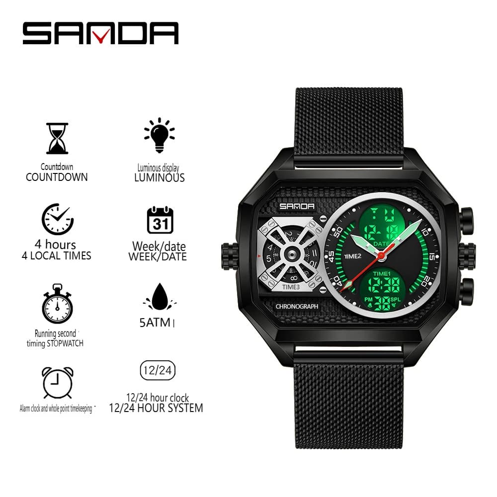 Orologio Elettronico Multifunzione da Uomo con Doppio Display, Quadrante Quadrato, LED Digitale, Cinturino in Rete, Impermeabile, Stile Sportivo