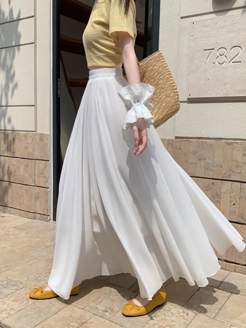 Gonna lunga plissettata in chiffon a vita alta da donna, modello A-line, drappeggiata, taglie forti, alla moda, consigliata da Emily Clud