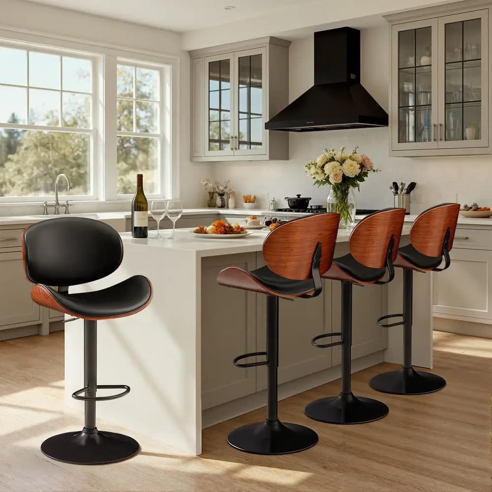Set di 2 Sgabelli da Bar Regolabili Girevoli in Legno Curvato, Sedie da Bar Moderne in Pelle PU con Schienale e Poggiapiedi per Bar, Cucina