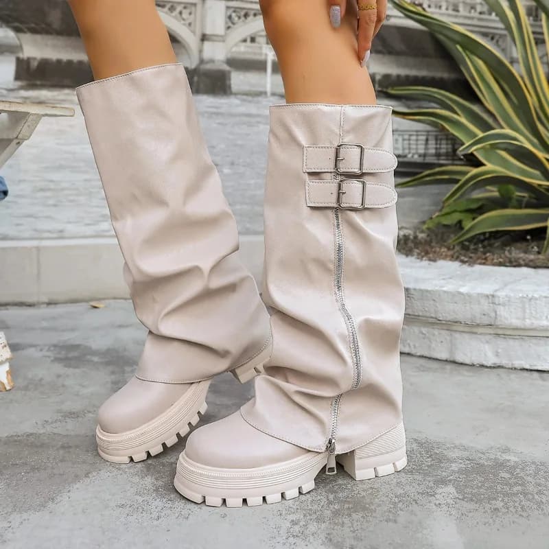 Tubular boots for pants with platform design sense for autumn and winter 2025 New versatile boots with women's belt buckle