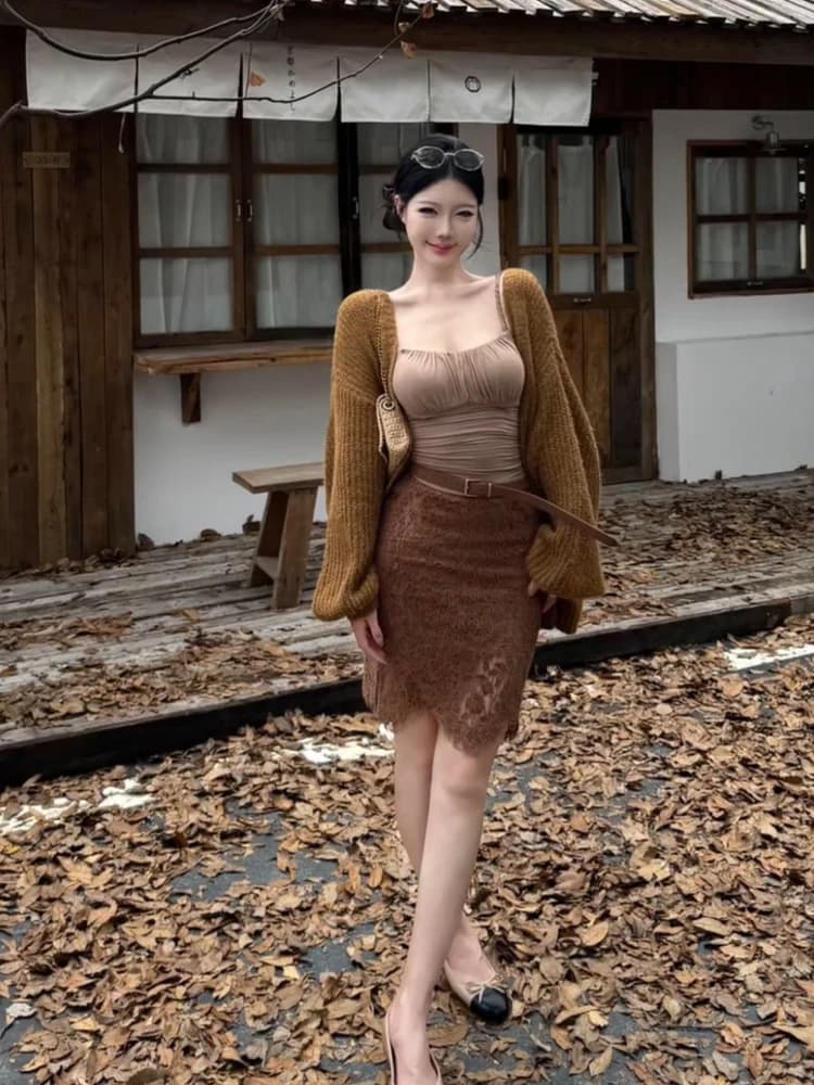 Elegant plus Size Lace Wrap Skirt Set Women's Loose Cardigan Jacket Autumn Fashion Texture Detailed Outerwear Casual Wear