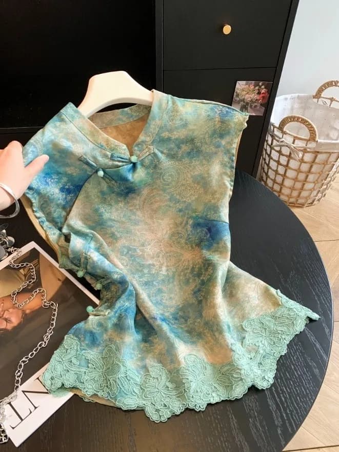 Elegant Chinese Style Embroidered Blouse Sleeveless Gradient Dyeing Button up Women's Shirt Trendy Commute Style Polyester Fiber