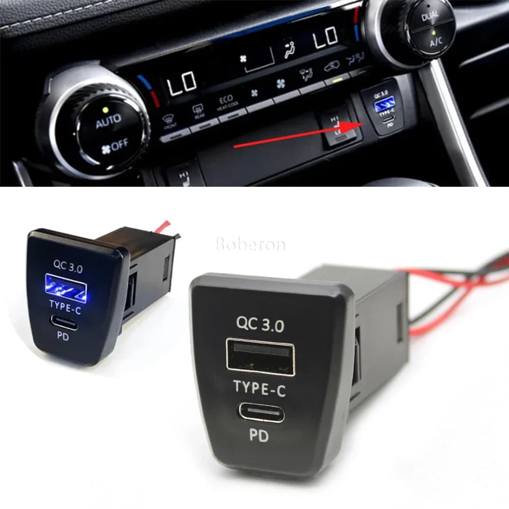 USB C PD dual charger for car QC3.0 12V cigarette lighter socket button fast charging interface adapter for TOYOTA RAV4 20-23
