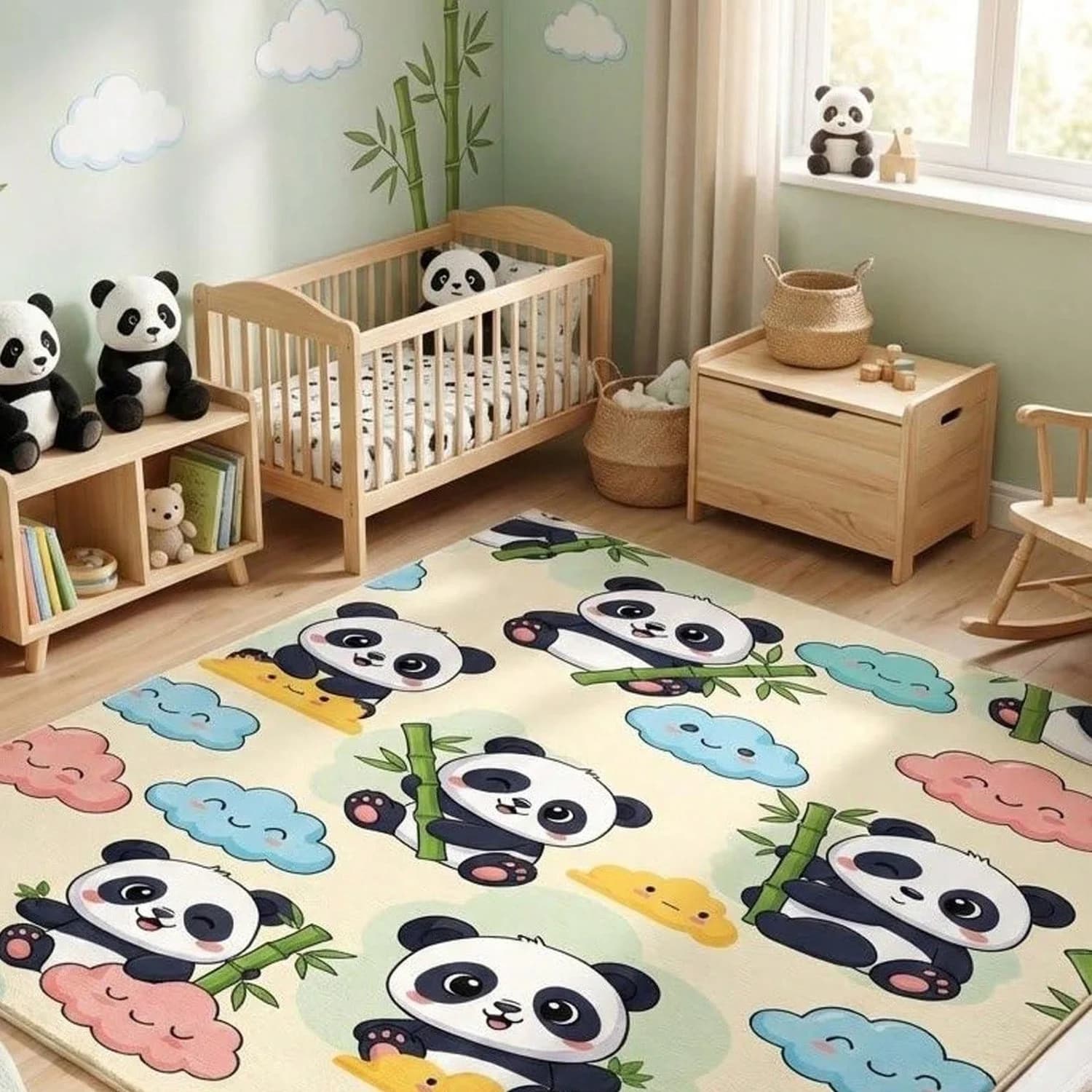 Panda Pattern Baby Room Carpet, Jungle Animal Play Mat, Cute Room Rug, Kawaii Bamboo Decor, Soft Washable Floor Carpet, Newborn Gift.