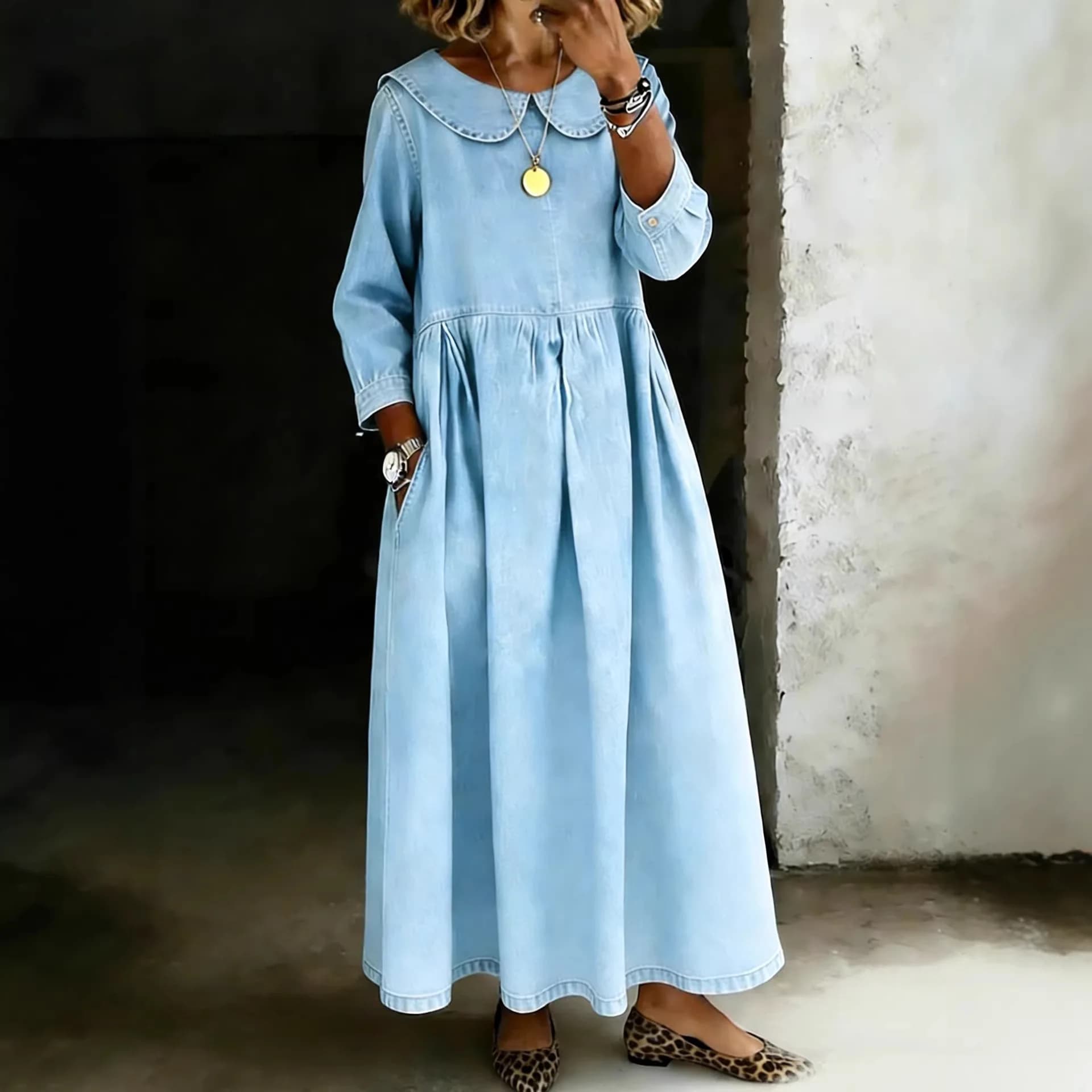 New European and American popular doll collar long sleeve pocket denim large size loose pendulum dress