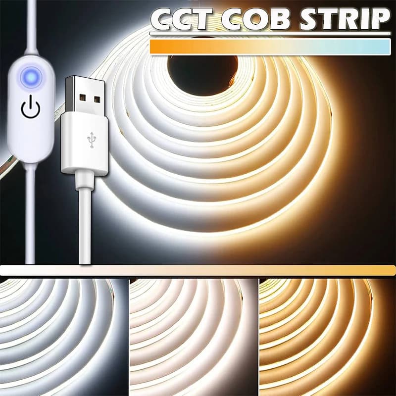 Striscia LED COB 5V CCT 3000-6500K Dimmerabile 8mm Larghezza CRI 90+ Dotless 500LED/M Luce a nastro LED flessibile tagliabile per armadio casa