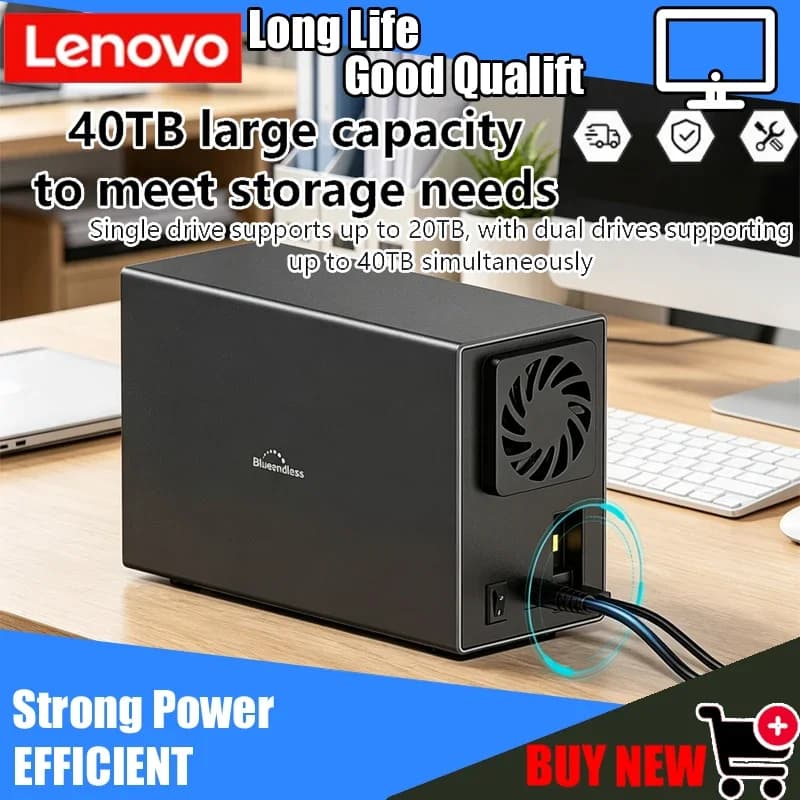 Enclosure Lenovo Dual Bay per HDD SATA da 3,5'', Case Esterno USB 3.0 Type-C con Dissipazione del Calore e Funzione RAID