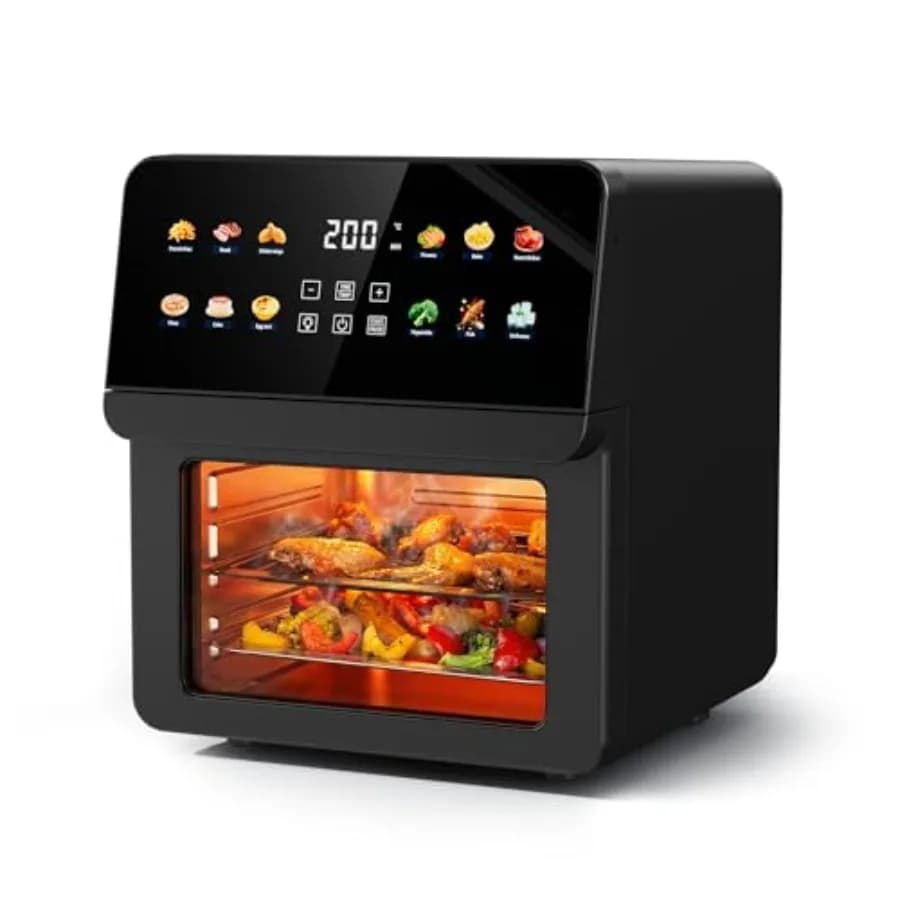 Forno Friggitrice ad Aria 12QT 8-in-1 con 8 Programmi Preimpostati, Forno da Appoggio per Famiglie in Nero con 2 Griglie di Cottura e Guanti per Arrostire