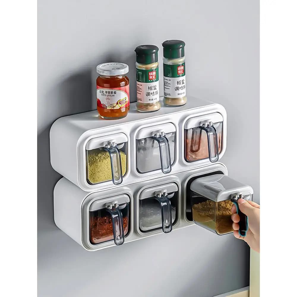 Set di spezie da cucina integrato con cucchiaio, design a parete senza foratura, combo sale e glutammato monosodico per la casa