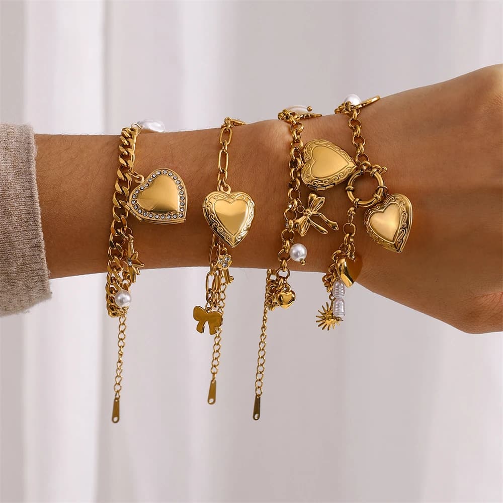 Bracciale con ciondolo a cuore grande Gioielli Boho Bracciale con fiocco da sole per donna Catena in acciaio inossidabile con serratura a chiave Bracciale Uomo Regalo di amicizia