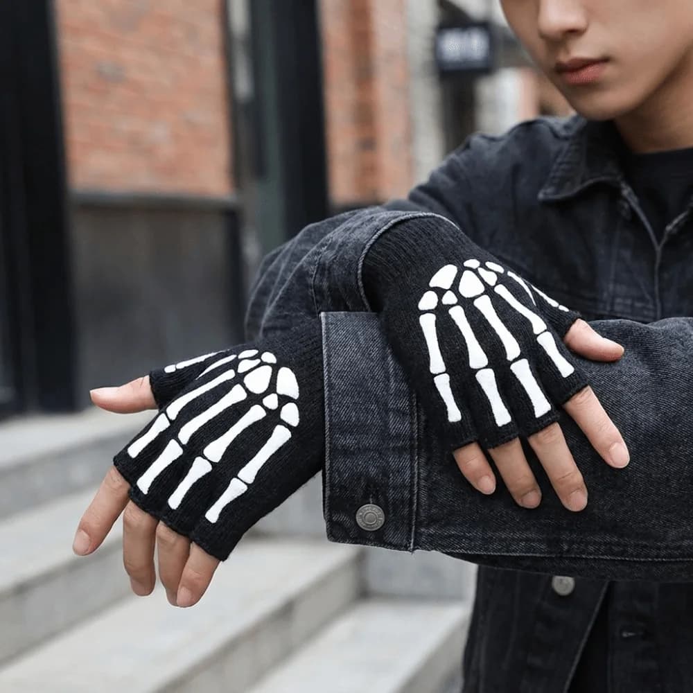 Polyester Skeleton Print Gloves Glow In The Dark Black Fluorescent Knitted Half Finger Gloves Stretchy Material Breathable