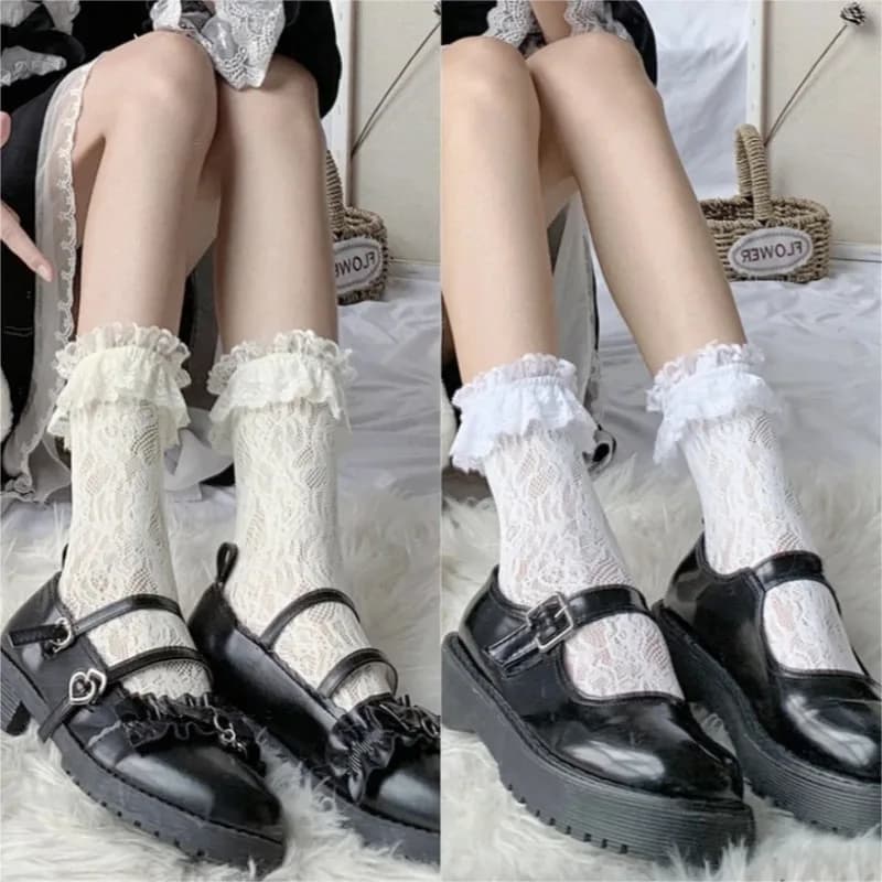 Women Japanese Style Lolita Cute Lace Trim Beige Mid-Calf Socks Summer Thin Sexy Slim-fit Hollow Mesh Sweet Princess Crew Socks