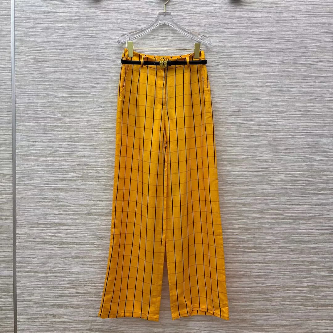 Pantaloni a gamba larga in lino stile Old Money 55% da donna a vita alta con cintura in pelle con chiave dorata modello scozzese pantaloni vintage larghi casual