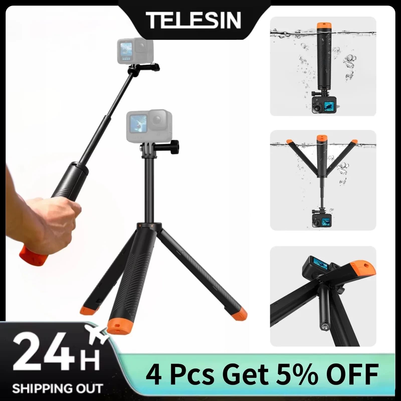 TELESIN Galleggiante Selfie Stick Treppiede per GoPro Hero13 12 11 10 9 8 7 DJI OSMO Action 5 Pro 4 3 Insta360 Impugnatura Impermeabile
