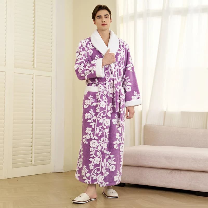 Autunno Inverno Uomo Doppio Strato Addensato Jacquard Corallo Pile Sonno Veste Caldo Motivo Floreale Foderato In Pile Accappatoio per Coppia
