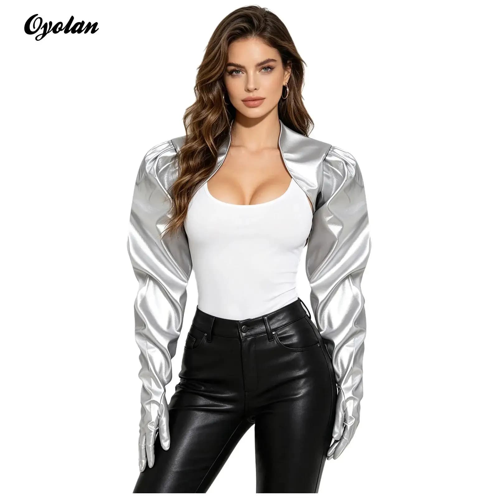 Giacca Corta in Pelle PU e Latex da Donna con Guanti Lunghi, Outfit da Club Rave, Giacca Corta Aperta sul Davanti, Sciarpa/Stola per Club Rave