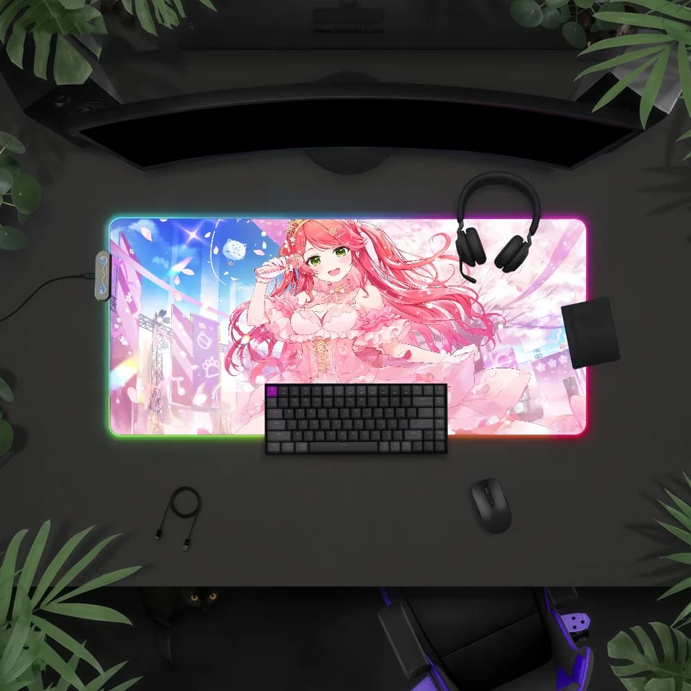 Tappetino per mouse Musician Sakura Miko RGB LED, tappetino da scrivania antiscivolo in gomma, accessori da gioco, tappetino grande XXL per tastiera da computer e ufficio