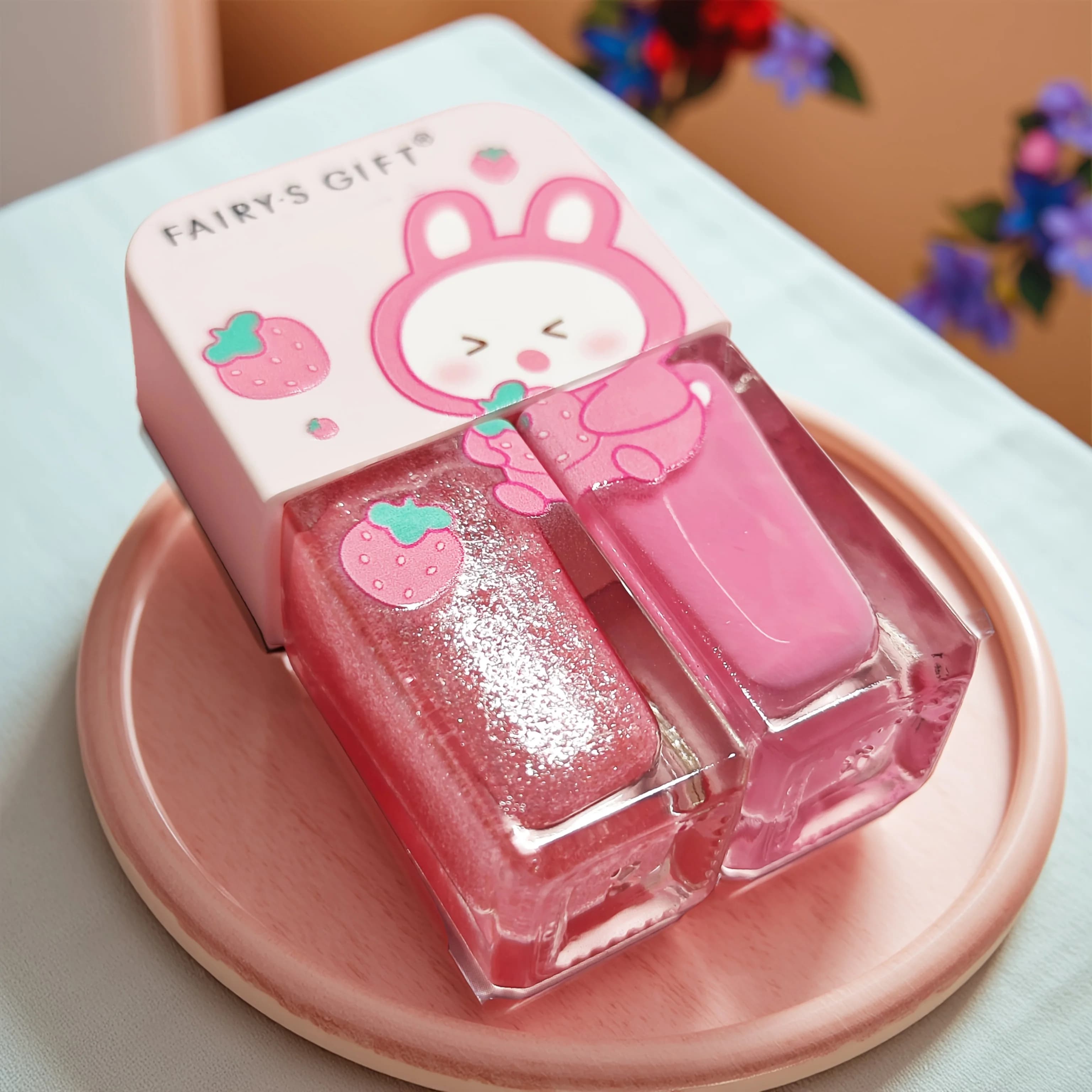 S06 Strawberry Rabbit Set da 2 bottiglie Smalto per unghie No-Cake Smalto per unghie triplo colore a base d'acqua pelabile a lunga durata ad asciugatura rapida