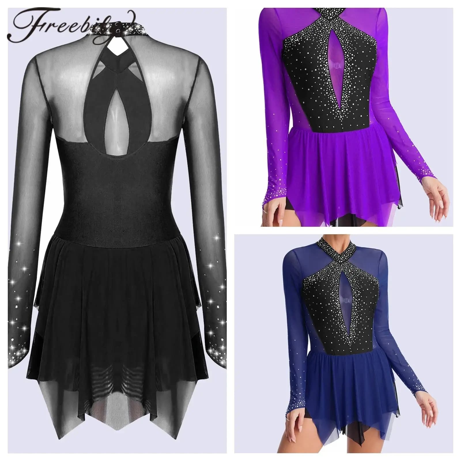Abito body da danza classica con strass da donna, abito da pattinaggio su ghiaccio, abbigliamento da ballo con gonne in chiffon, costume da ballo da competizione