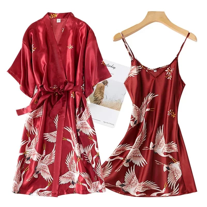 Borgogna donna 2 pezzi Faux Silk Kimono Robe Gown set Sexy Print Crane camicia da notte e accappatoio Lingerie camicia da notte Summer Sleepwear