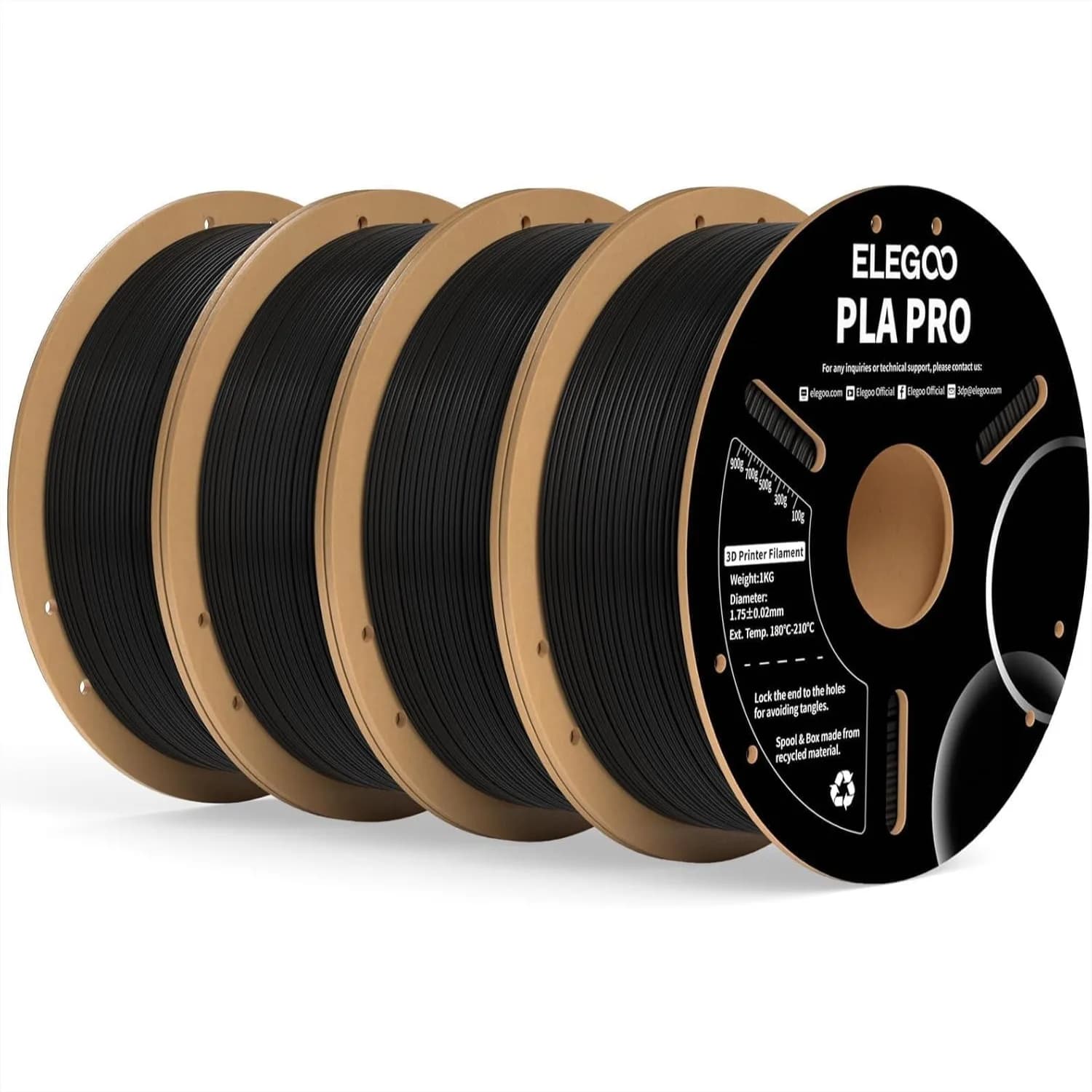 Filamento PLA PRO 1.75mm Nero 4KG, Rigidezza e Durezza Migliorate per Stampanti 3D, Precisione Dimensionale +/-0.02mm, 4 Bobine